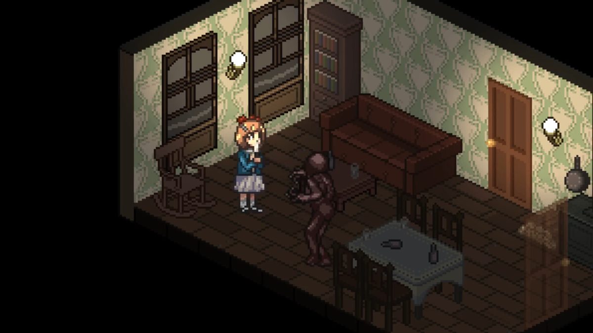 Two characters in a wooden room, a warm lamp, blue light outside, and a red status bar.